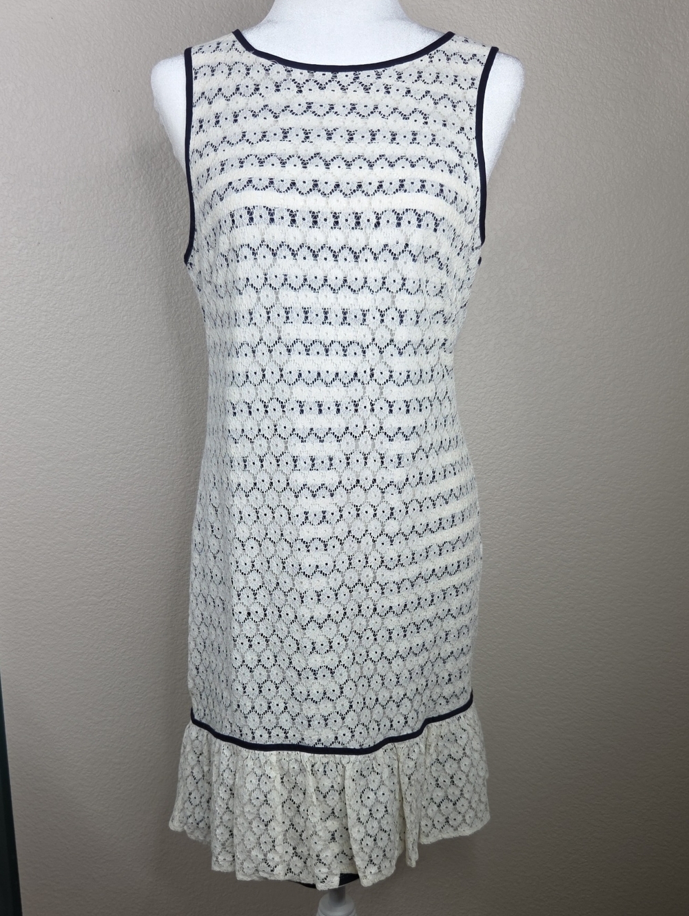 Sleeveless White Lace Mini Dress with Navy Trim